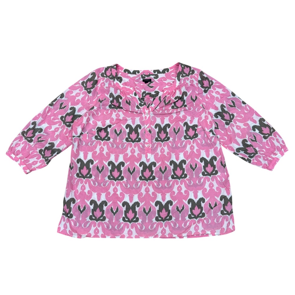 Talbots Plus Women 1X Pink Ikat Cotton 3/4 Sleeve Top Blouse Lightweight Coastal